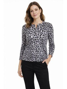 Croft & Barrow Grey Leopard Print Lightweight Cardigan Sweater Womens S Preppy